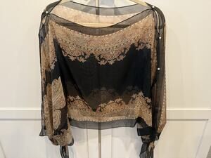 Wayan Paisley Floral Top Sheer Tunic Open Side /Sleeve Black Brown OS Resort
